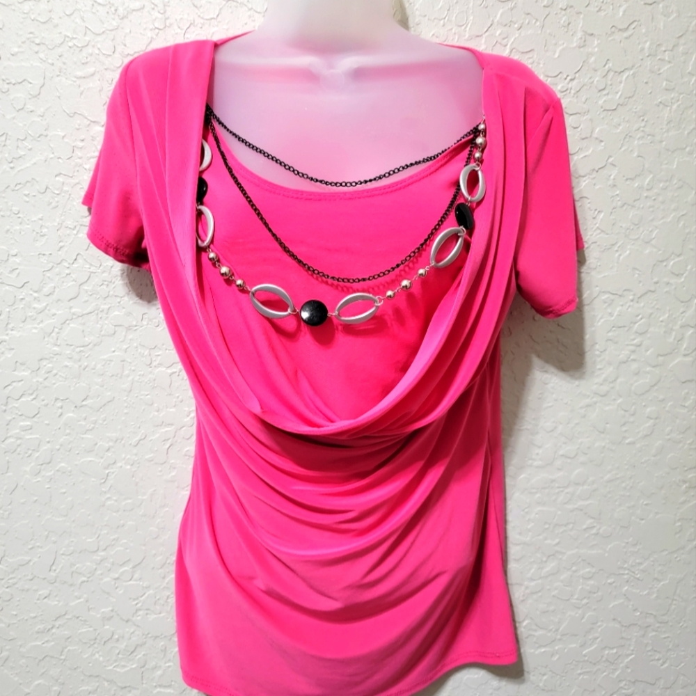 Hot pink blouse with necklace